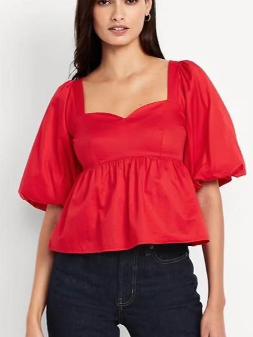 Old Navy Cherry Red Bubble Puff-Sleeve Peplum Cropped Blouse Sweetheart Neckline